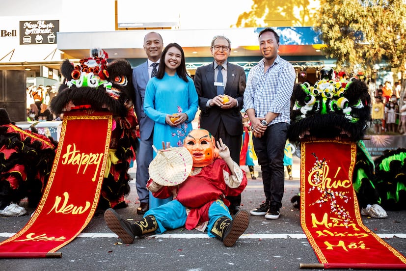 Cr Trung Luu, Mayor Cr Jasmine Nguyen, Cr Sam David and SBA President Vu Du. Photo credit - Georgia Blake. copy